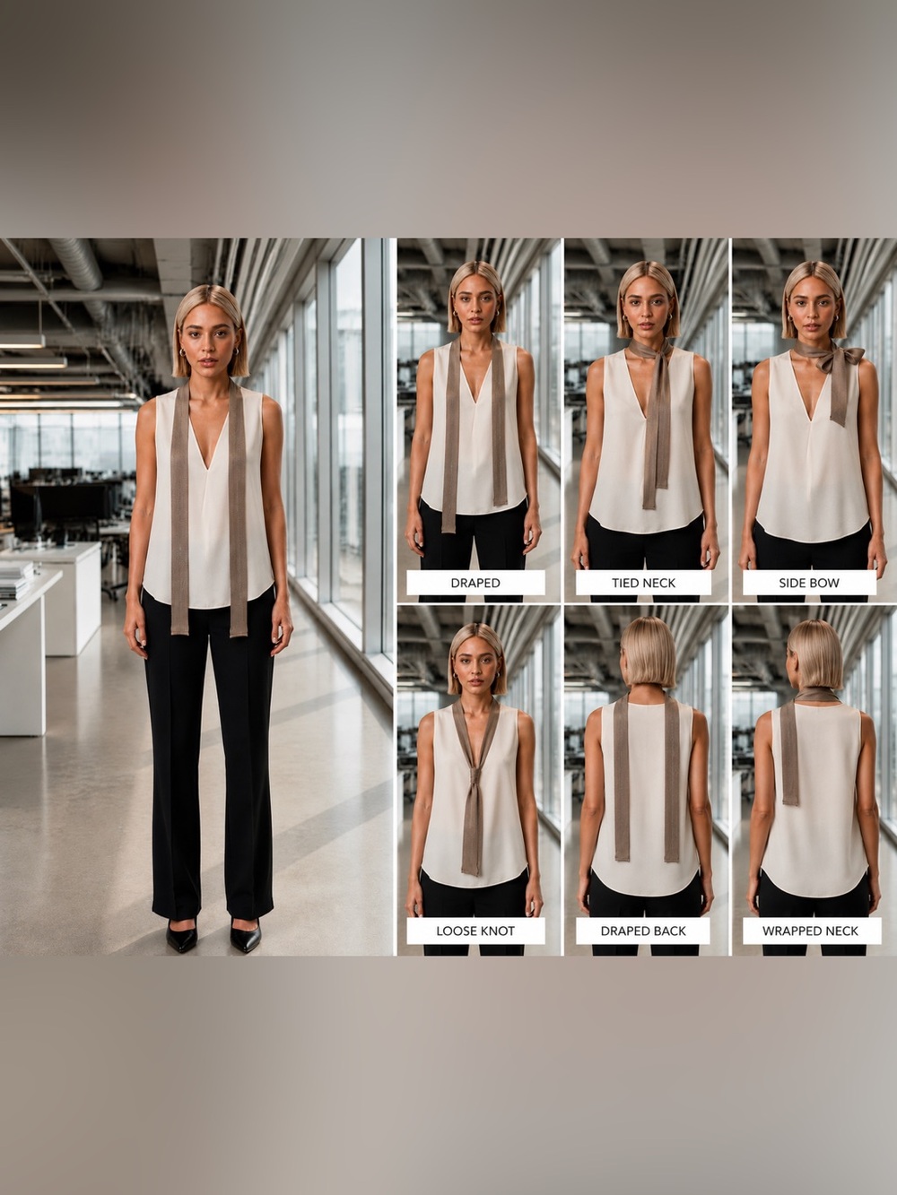 Zara Ivory Sleeveless V-Neck Tank with Taupe Trim